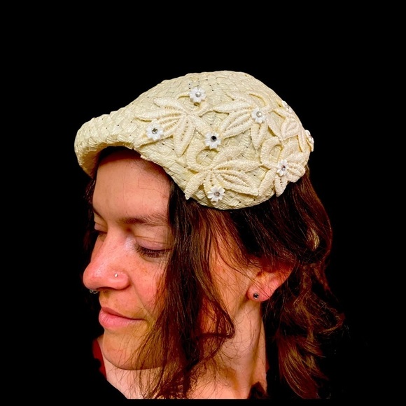 Mid Century Woven Plastic w/Floral Appliqué & Rhinestones Cloche Hat main image 4